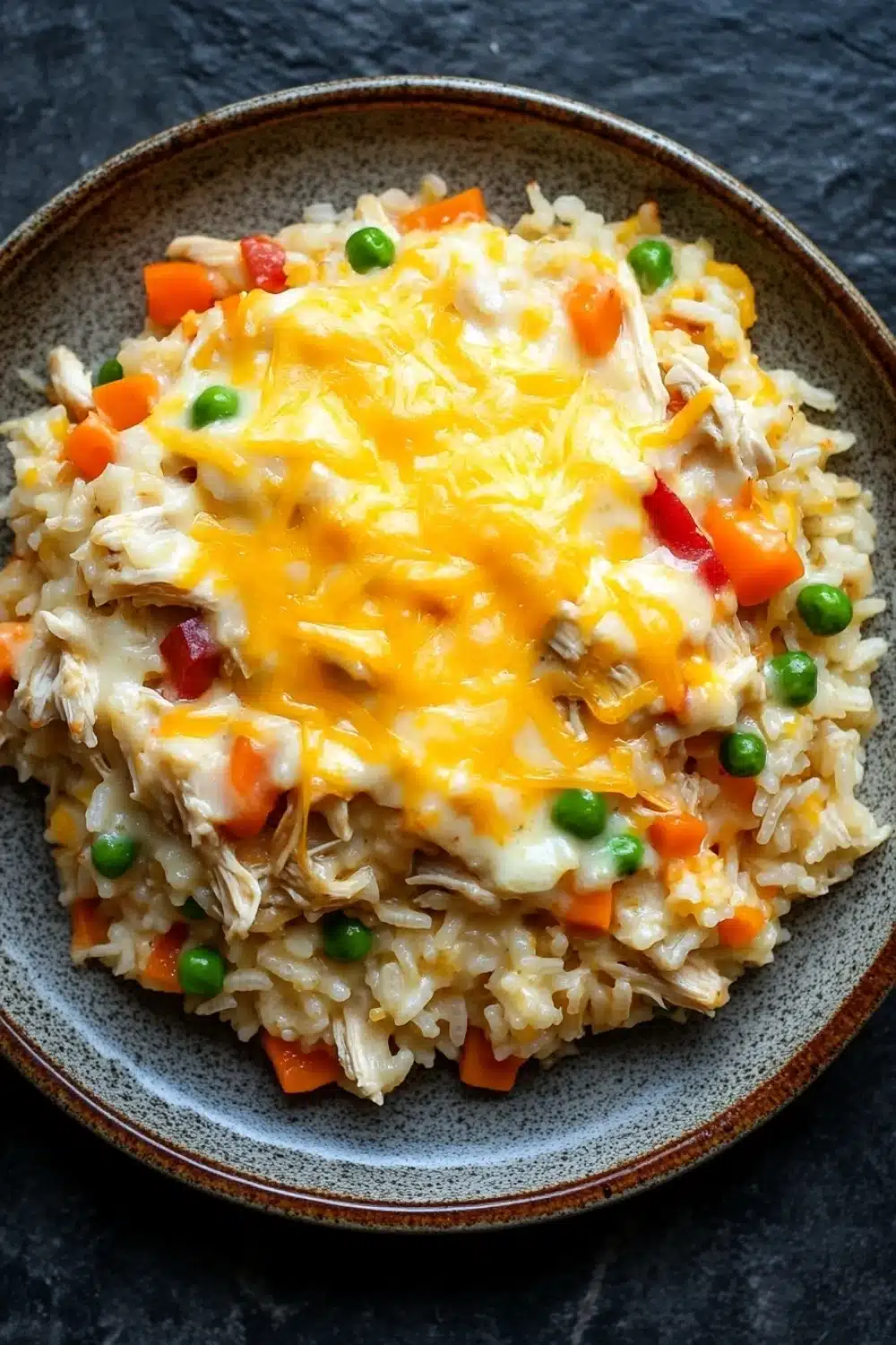 Chicken rice casserole knorr - the image is a close-up of a plate of rice dish. the rice appears to be cooked and has a golden brown color. on top of the rice, there is a layer of melted cheese, which is a bright yellow color. the cheese is spread evenly over the top, covering the entire dish. there are also small pieces of chicken, carrots, and peas scattered throughout the dish, adding a pop of color and texture. the dish is garnished with a sprinkle of herbs and spices. the plate is sitting on a dark grey countertop.