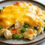 Chicken rice casserole knorr - the image shows a close-up of a dish on a plate. the dish appears to be a casserole or shepherd's pie, with a layer of melted cheese on top. the cheese is golden brown and bubbly, and it is spread evenly over the top of the dish. there are small green peas scattered throughout the dish, adding a pop of color. the plate is brown with a speckled pattern, and the background is white.