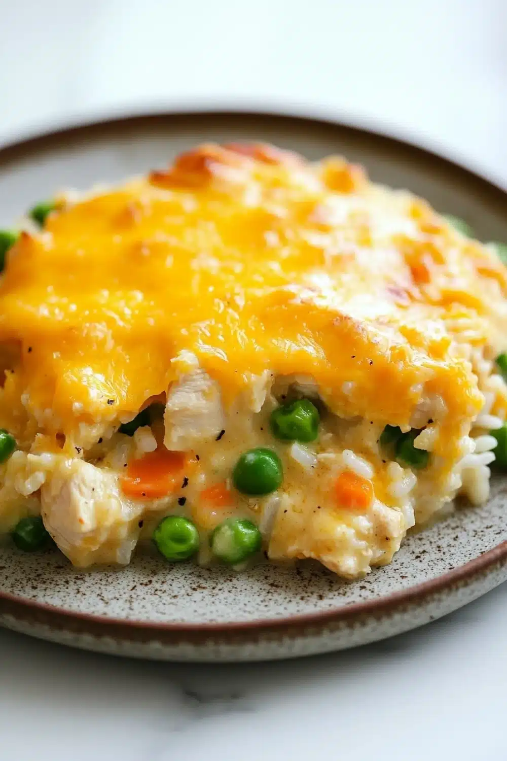 Chicken rice casserole knorr - the image shows a close-up of a dish on a plate. the dish appears to be a casserole or shepherd's pie, with a layer of melted cheese on top. the cheese is golden brown and bubbly, and it is spread evenly over the top of the dish. there are small green peas scattered throughout the dish, adding a pop of color. the plate is brown with a speckled pattern, and the background is white.