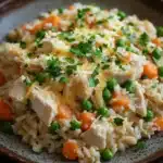 Chicken rice casserole one pot - the image is a close-up of a plate of food. the plate is brown and has a speckled pattern around the edges. the food appears to be a dish made with rice, peas, carrots, and chicken. the rice is white and fluffy, and the peas are bright green. the chicken is cooked to a golden brown color and is covered in a layer of melted cheese. there are also a few sprigs of fresh parsley scattered on top of the dish. the background is dark, making the colors of the food stand out.