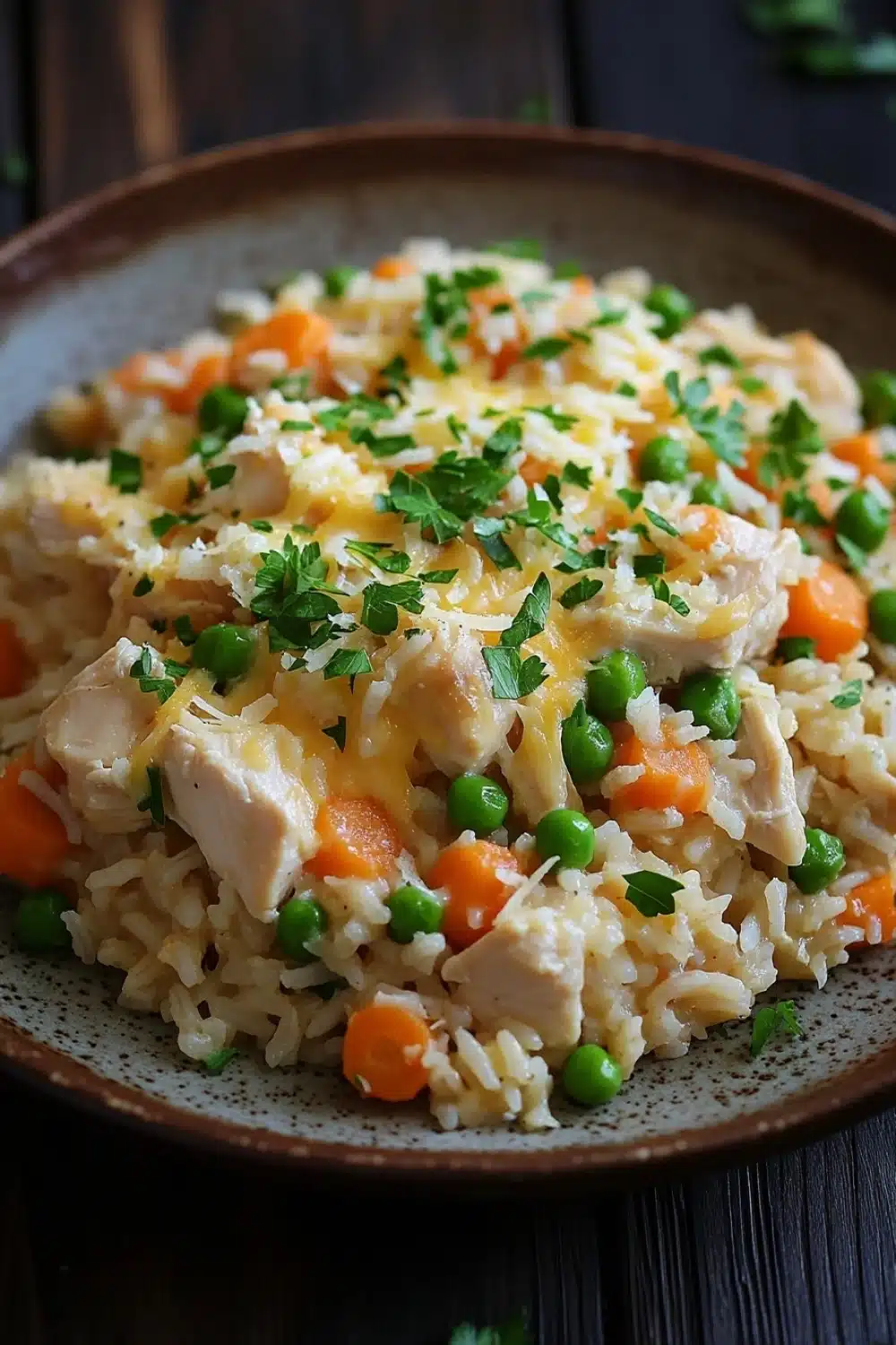 Chicken rice casserole one pot - the image is a close-up of a plate of food. the plate is brown and has a speckled pattern around the edges. the food appears to be a dish made with rice, peas, carrots, and chicken. the rice is white and fluffy, and the peas are bright green. the chicken is cooked to a golden brown color and is covered in a layer of melted cheese. there are also a few sprigs of fresh parsley scattered on top of the dish. the background is dark, making the colors of the food stand out.