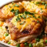 Chicken rice casserole one pot - the image shows a plate of food with two pieces of chicken covered in a creamy orange sauce. the chicken appears to be cooked and has a golden brown color. the sauce is drizzled over the top of the chicken and is garnished with a sprig of fresh parsley. the dish is served on a bed of white rice, which is mixed with diced carrots, peas, and other vegetables. the rice is fluffy and white, and the vegetables are bright green. the plate is sitting on a white countertop.