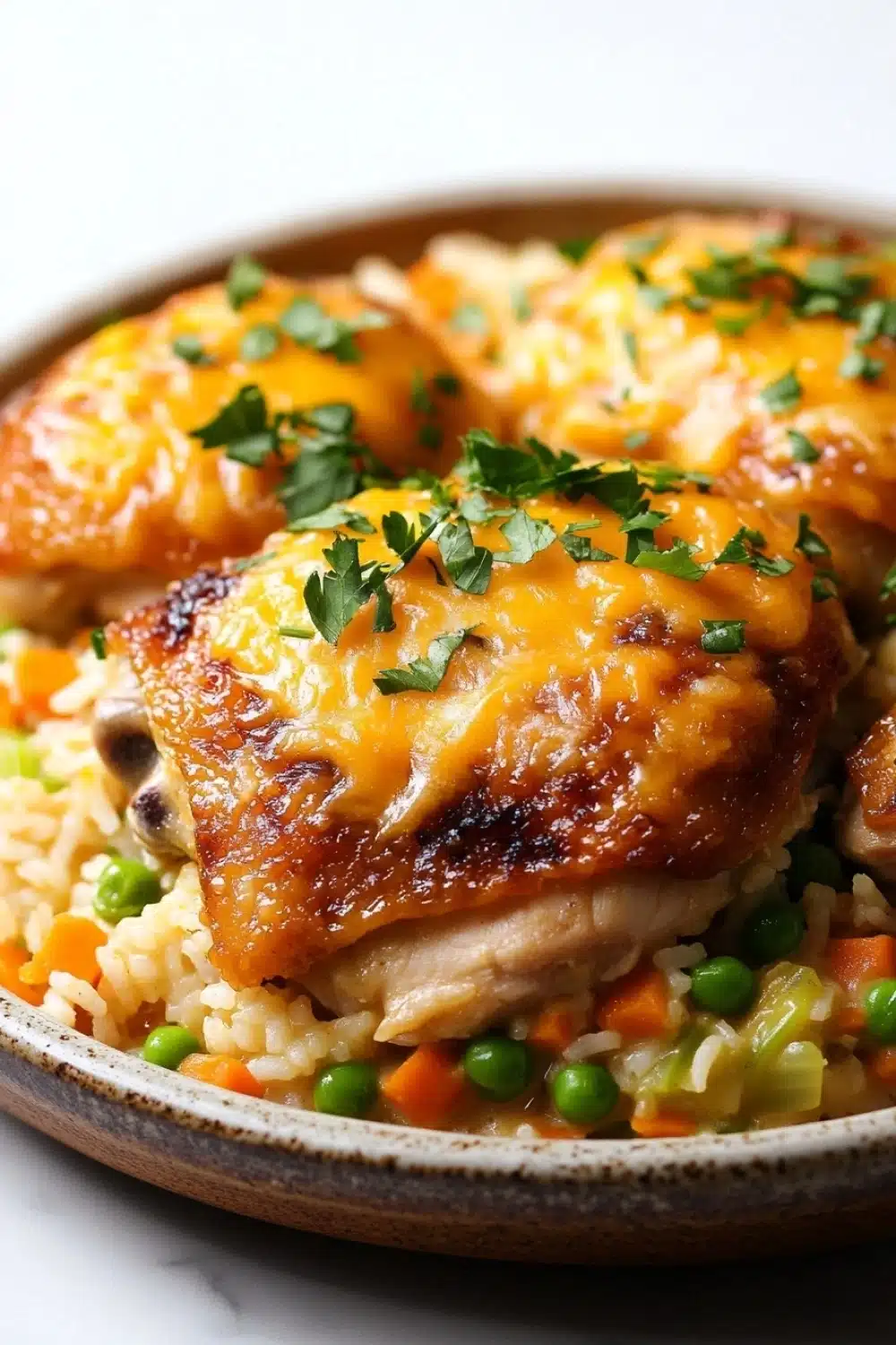 Chicken rice casserole one pot - the image shows a plate of food with two pieces of chicken covered in a creamy orange sauce. the chicken appears to be cooked and has a golden brown color. the sauce is drizzled over the top of the chicken and is garnished with a sprig of fresh parsley. the dish is served on a bed of white rice, which is mixed with diced carrots, peas, and other vegetables. the rice is fluffy and white, and the vegetables are bright green. the plate is sitting on a white countertop.