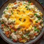 Chicken rice casserole skillet - the image is a close-up of a plate of food. the plate is round and has a brown rim. the food appears to be a dish made with rice, chicken, peas, carrots, and other vegetables. the rice is white and fluffy, and the chicken is cooked to a golden brown color. the peas are bright green and the carrots are orange. the dish is garnished with a sprig of parsley. the background is a dark wooden table with a gray cloth napkin on the side.