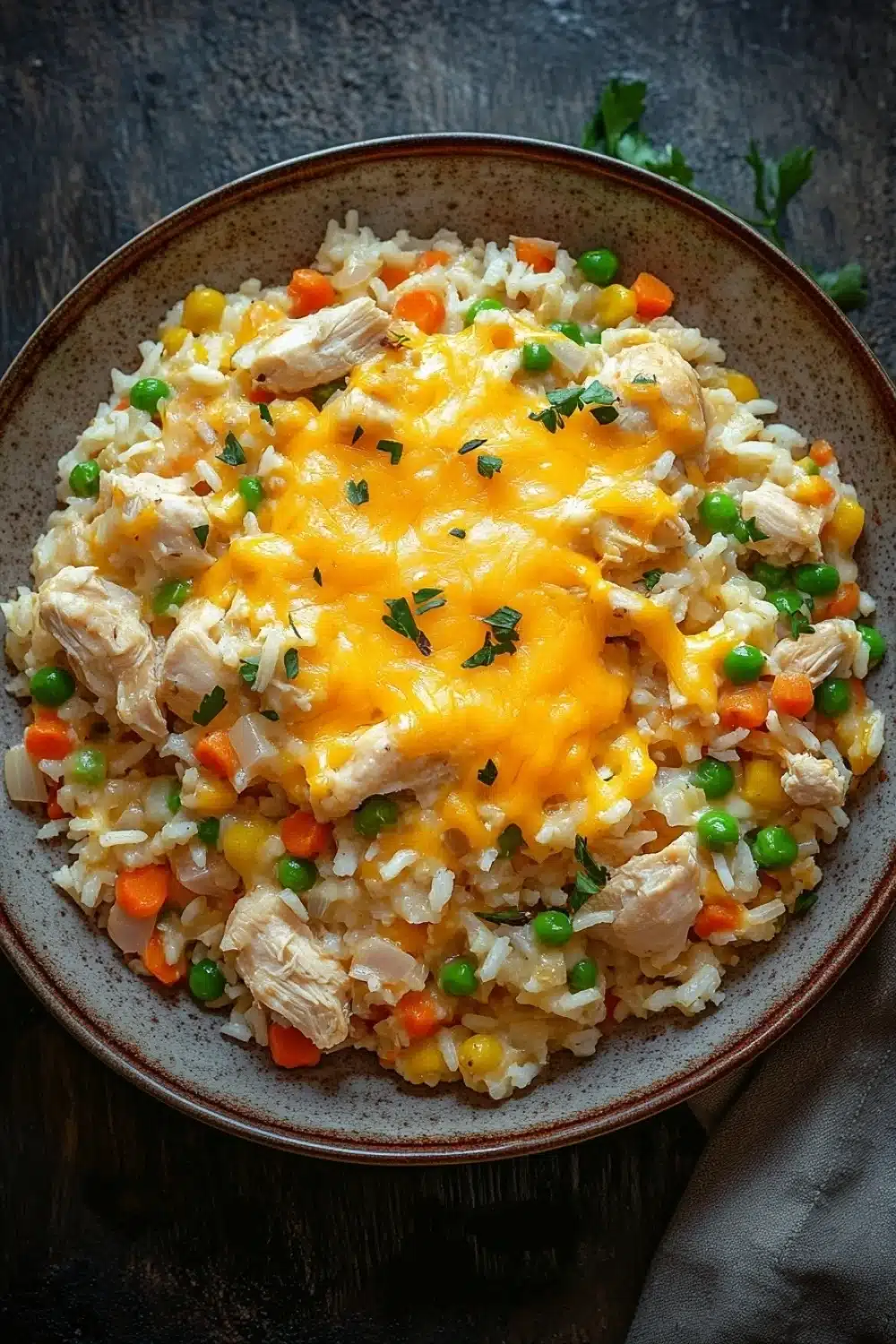 Chicken rice casserole skillet - the image is a close-up of a plate of food. the plate is round and has a brown rim. the food appears to be a dish made with rice, chicken, peas, carrots, and other vegetables. the rice is white and fluffy, and the chicken is cooked to a golden brown color. the peas are bright green and the carrots are orange. the dish is garnished with a sprig of parsley. the background is a dark wooden table with a gray cloth napkin on the side.
