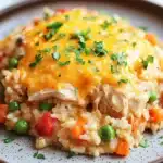 Chicken rice casserole skillet - the image shows a plate of food, specifically a casserole dish. the dish appears to be made with rice, vegetables, and chicken, and is topped with a layer of melted cheese. the cheese is a bright yellow color and is drizzled over the top of the dish, with a sprig of fresh parsley scattered around it. the plate is brown and has a speckled pattern. the background is blurred, but it seems to be a wooden table or countertop.