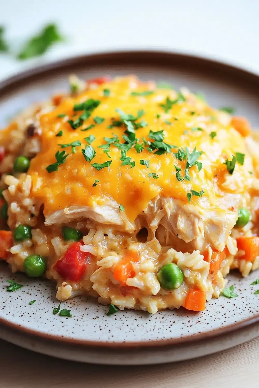 Chicken rice casserole skillet - the image shows a plate of food, specifically a casserole dish. the dish appears to be made with rice, vegetables, and chicken, and is topped with a layer of melted cheese. the cheese is a bright yellow color and is drizzled over the top of the dish, with a sprig of fresh parsley scattered around it. the plate is brown and has a speckled pattern. the background is blurred, but it seems to be a wooden table or countertop.