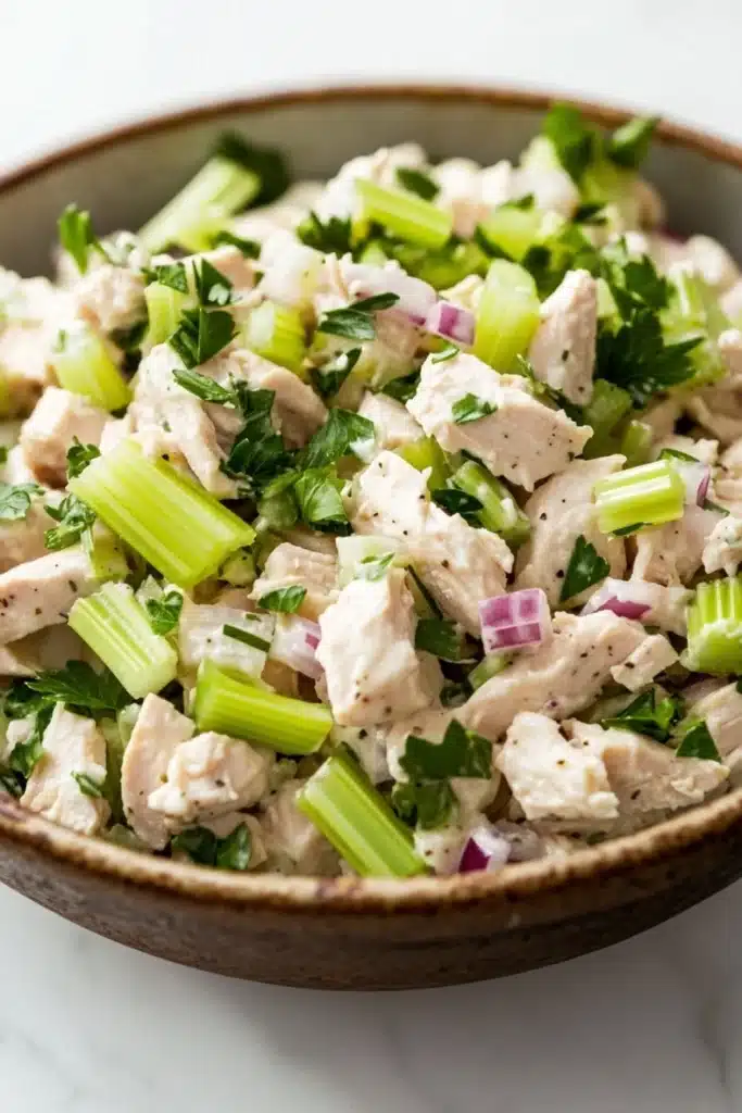 Chicken salad finely chopped - the image is a close-up of a bowl of salad. the bowl is made of ceramic and is sitting on a white marble countertop. the salad is made up of diced chicken, celery, and red onions, and is garnished with fresh cilantro. the chicken appears to be seasoned with herbs and spices, and the celery is cut into small pieces. the red onions are scattered throughout the salad, adding a pop of color to the dish.