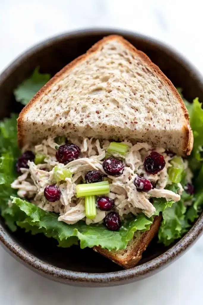 Chicken salad sandwich with cranberries - the image shows a bowl of salad with a slice of bread on top. the salad appears to be made with chicken, celery, and cranberries. the bowl is made of dark brown ceramic and is sitting on a white marble countertop. the bread is toasted and has a golden brown crust. the cranberries are bright red and appear to be ripe and juicy. the celery is a light green color and is scattered throughout the salad. the overall appearance of the salad is fresh and appetizing.
