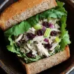 Chicken salad sandwich with cranberries - the image shows a sandwich in a brown ceramic bowl. the sandwich is made with a toasted bun and is filled with a mixture of lettuce, chicken, cranberries, celery, and other vegetables. the lettuce is a vibrant green color and the chicken is a light brown color. the cranberries are a deep red color and are scattered throughout the salad. the celery is a bright green and appears to be celery. the bowl is sitting on a dark grey countertop.