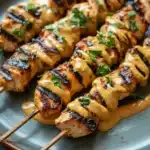 Chicken satay skewers appetizers - the image shows a plate of grilled chicken skewers. the skewers are arranged in a row and are covered in a creamy sauce. the sauce appears to be a dark brown color and is drizzled over the top of the skewers, giving them a glossy sheen. there are also a few sprigs of fresh herbs scattered around the plate, adding a pop of green color to the dish. the plate is a light blue color and has a textured surface.