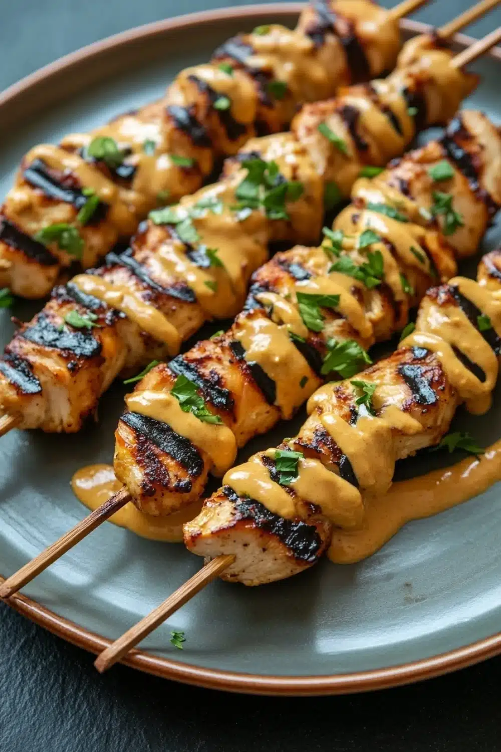 Chicken satay skewers appetizers - the image shows a plate of grilled chicken skewers. the skewers are arranged in a row and are covered in a creamy sauce. the sauce appears to be a dark brown color and is drizzled over the top of the skewers, giving them a glossy sheen. there are also a few sprigs of fresh herbs scattered around the plate, adding a pop of green color to the dish. the plate is a light blue color and has a textured surface.