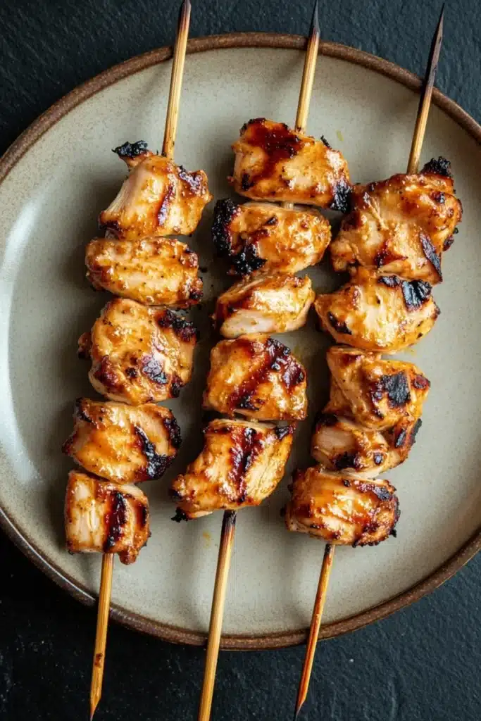 Chicken satay skewers appetizers - the image shows a plate of grilled chicken skewers. the skewers are arranged in a circular pattern on the plate, with each skewer slightly overlapping the one below it. the chicken appears to be seasoned with herbs and spices, giving it a golden brown color. the plate is light brown in color and has a textured surface. the background is dark, making the skewers stand out.