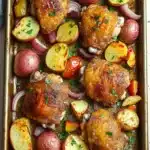 Chicken sheet pan dinner potatoes - the image shows a baking tray filled with roasted chicken and potatoes. the chicken is golden brown and appears to be seasoned with herbs and spices. the potatoes are cut into small cubes and are arranged in a circular pattern around the chicken. there are also red onions and red bell peppers scattered throughout the dish. the tray is lined with parchment paper and there is a sprig of parsley on top. the background is a wooden table with a gray napkin on the side.