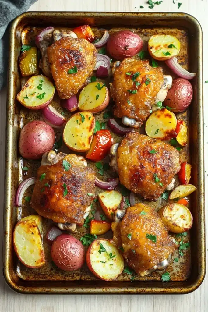Chicken sheet pan dinner potatoes - the image shows a baking tray filled with roasted chicken and potatoes. the chicken is golden brown and appears to be seasoned with herbs and spices. the potatoes are cut into small cubes and are arranged in a circular pattern around the chicken. there are also red onions and red bell peppers scattered throughout the dish. the tray is lined with parchment paper and there is a sprig of parsley on top. the background is a wooden table with a gray napkin on the side.