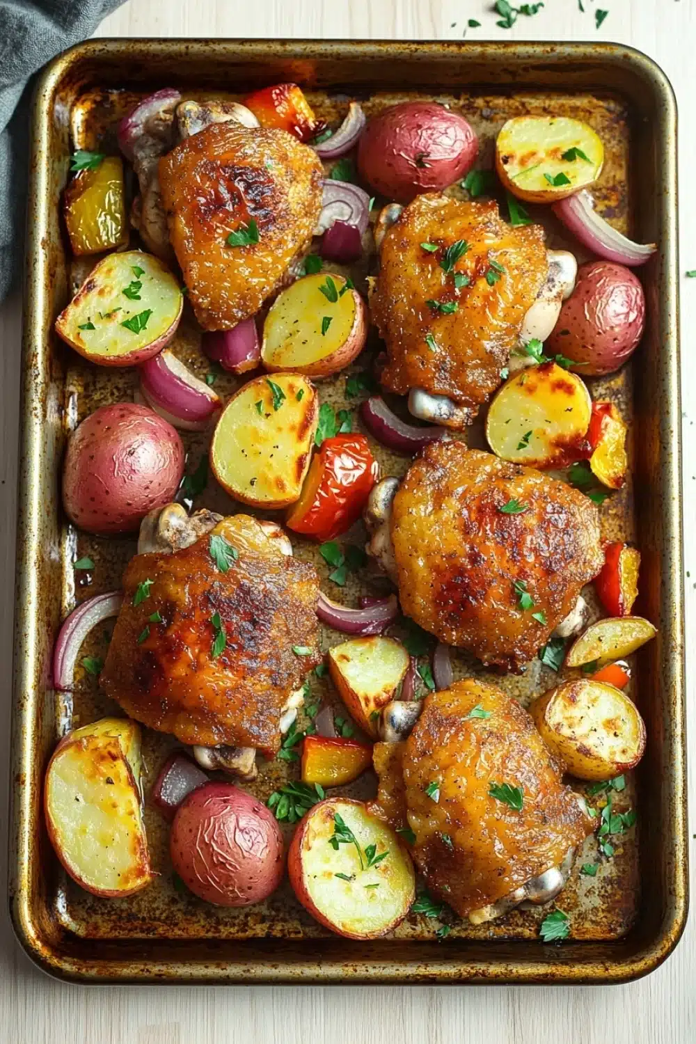 Chicken sheet pan dinner potatoes - the image shows a baking tray filled with roasted chicken and potatoes. the chicken is golden brown and appears to be seasoned with herbs and spices. the potatoes are cut into small cubes and are arranged in a circular pattern around the chicken. there are also red onions and red bell peppers scattered throughout the dish. the tray is lined with parchment paper and there is a sprig of parsley on top. the background is a wooden table with a gray napkin on the side.