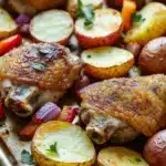 Chicken sheet pan dinner potatoes - the image shows a baking tray filled with roasted chicken and potatoes. the chicken is golden brown and appears to be seasoned with herbs and spices. the potatoes are cut into small cubes and are scattered around the tray. there are also some red and yellow bell peppers and onions mixed in with the chicken. the tray is lined with parchment paper and there is a sprig of parsley on top. the background is a wooden table.
