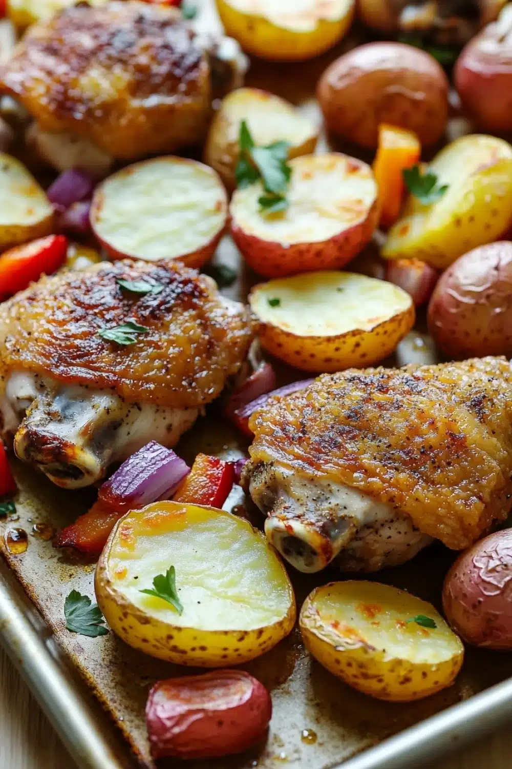 Chicken sheet pan dinner potatoes - the image shows a baking tray filled with roasted chicken and potatoes. the chicken is golden brown and appears to be seasoned with herbs and spices. the potatoes are cut into small cubes and are scattered around the tray. there are also some red and yellow bell peppers and onions mixed in with the chicken. the tray is lined with parchment paper and there is a sprig of parsley on top. the background is a wooden table.