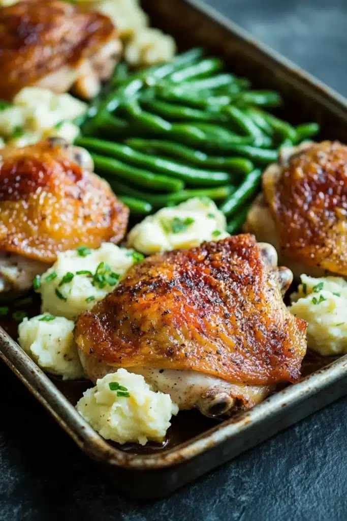 Chicken thigh dinner and sides - the image shows a rectangular baking dish filled with roasted chicken and green beans. the chicken is golden brown and appears to be seasoned with herbs and spices. the green beans are bright green and look fresh and vibrant. the dish is garnished with chopped chives, adding a pop of color to the dish. the background is a dark grey countertop.