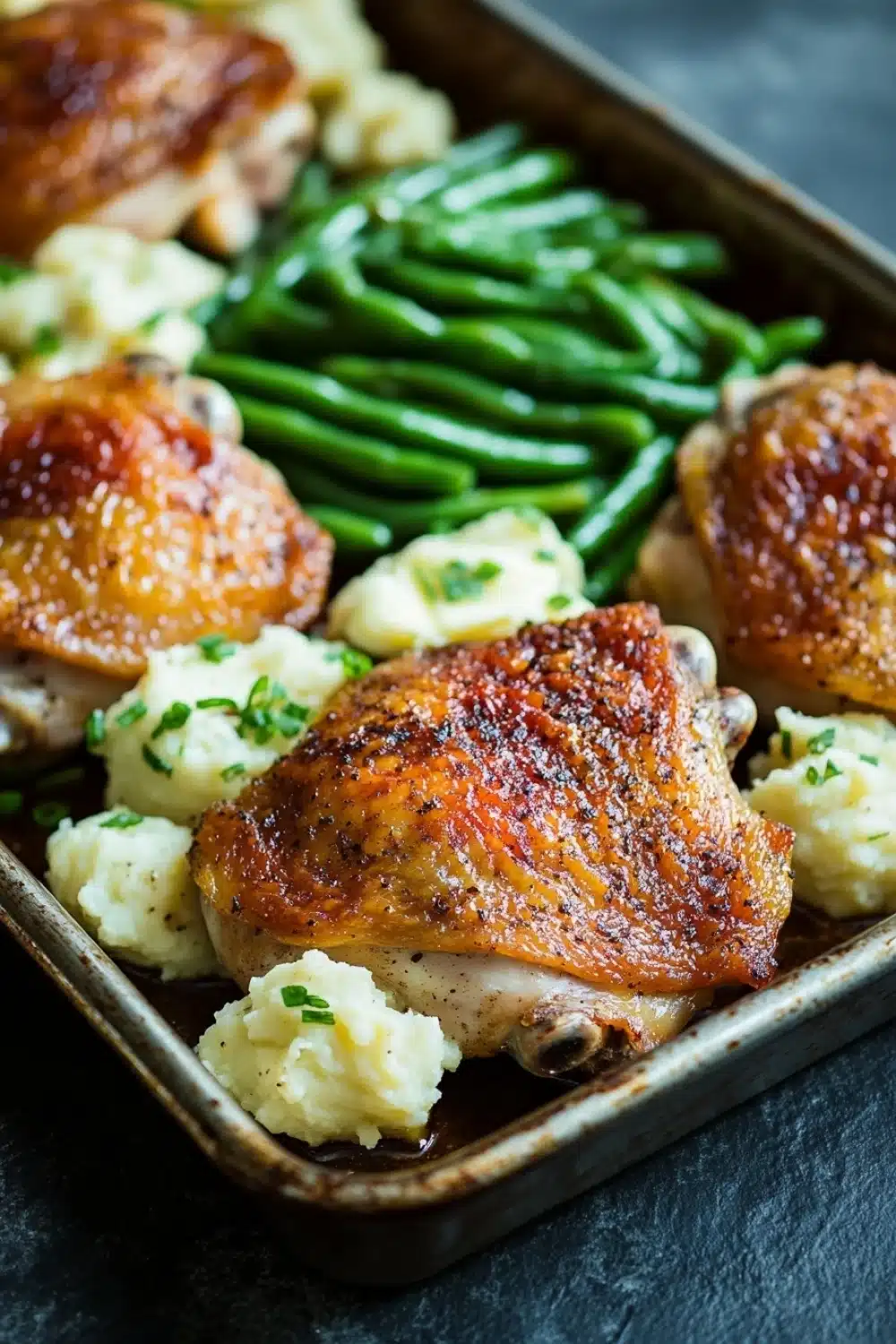 Chicken thigh dinner and sides - the image shows a rectangular baking dish filled with roasted chicken and green beans. the chicken is golden brown and appears to be seasoned with herbs and spices. the green beans are bright green and look fresh and vibrant. the dish is garnished with chopped chives, adding a pop of color to the dish. the background is a dark grey countertop.