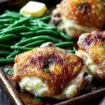 Chicken thigh dinner and sides - the image shows a baking tray with three pieces of chicken and green beans. the chicken is golden brown and appears to be seasoned with herbs and spices. the green beans are bright green and look fresh and vibrant. there is a slice of lemon on the side of the tray, adding a pop of color to the dish. the tray is sitting on a wooden table with a white cloth napkin in the background.