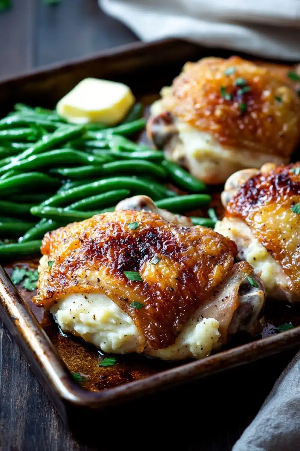 Chicken thigh dinner and sides - the image shows a baking tray with three pieces of chicken and green beans. the chicken is golden brown and appears to be seasoned with herbs and spices. the green beans are bright green and look fresh and vibrant. there is a slice of lemon on the side of the tray, adding a pop of color to the dish. the tray is sitting on a wooden table with a white cloth napkin in the background.