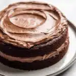 Chocolate cake normal design - the image is of a round chocolate cake on a white plate. the cake appears to be freshly baked and has a smooth texture. the top of the cake is covered in a generous layer of chocolate frosting, which is spread evenly across the cake. the frosting is a rich, dark brown color and looks smooth and glossy. the plate is round and has small speckles around the edges. the background is blurred, making the cake the focal point of the image.