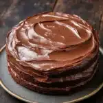 Chocolate cake normal design - the image is of a round chocolate cake on a gold plate. the cake is covered in a thick layer of chocolate frosting that is swirled in a circular pattern. the frosting appears to be smooth and glossy, and the edges of the cake are slightly curled. the plate is placed on a dark wooden table, and there is a blurred background. the overall mood of the image is elegant and decadent.