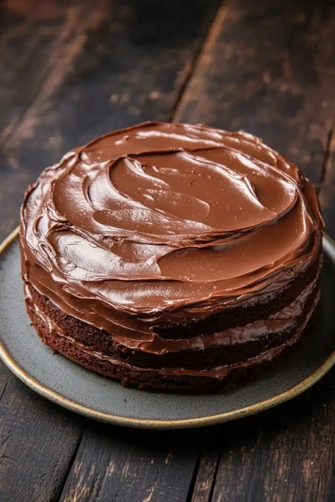 Chocolate cake normal design - the image is of a round chocolate cake on a gold plate. the cake is covered in a thick layer of chocolate frosting that is swirled in a circular pattern. the frosting appears to be smooth and glossy, and the edges of the cake are slightly curled. the plate is placed on a dark wooden table, and there is a blurred background. the overall mood of the image is elegant and decadent.