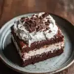 Chocolate cake tres leches - the image is a close-up of a slice of chocolate cake on a blue and white plate. the cake appears to be a layered cake with layers of chocolate frosting and a generous dollop of whipped cream on top. the frosting is drizzled with chocolate shavings and there are small pieces of chocolate scattered on top of the cake. the plate is sitting on a wooden table with a rustic background. the overall mood of the image is elegant and decadent.
