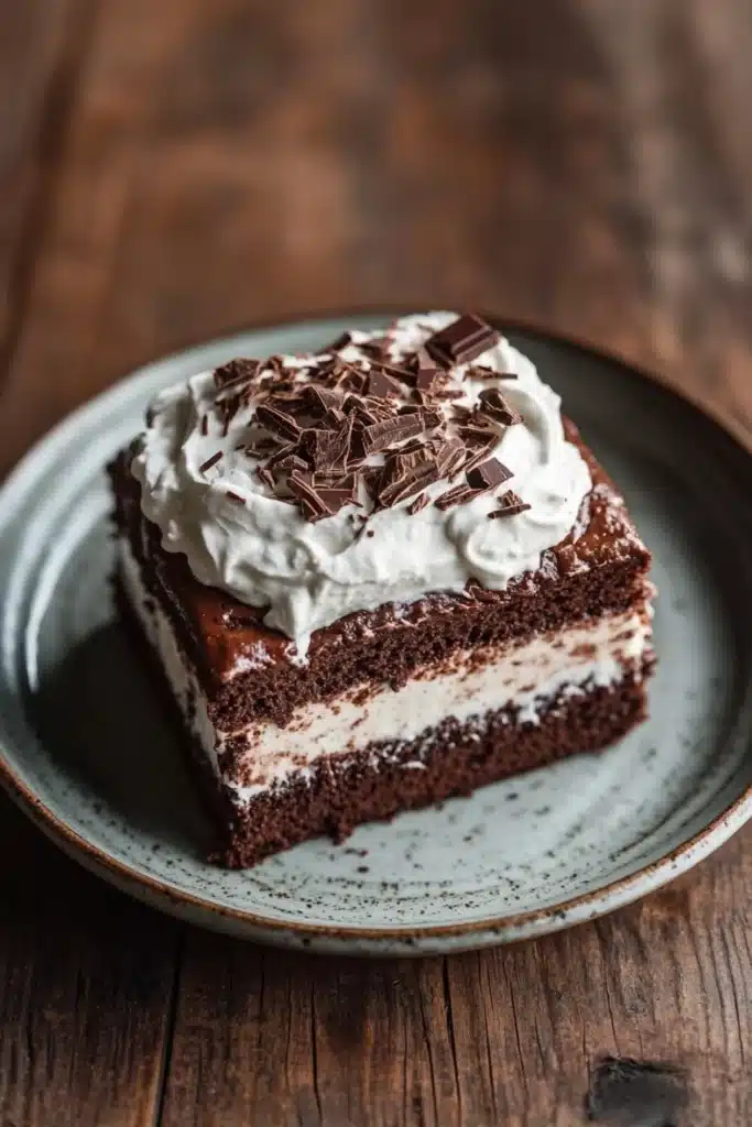 Chocolate cake tres leches - the image is a close-up of a slice of chocolate cake on a blue and white plate. the cake appears to be a layered cake with layers of chocolate frosting and a generous dollop of whipped cream on top. the frosting is drizzled with chocolate shavings and there are small pieces of chocolate scattered on top of the cake. the plate is sitting on a wooden table with a rustic background. the overall mood of the image is elegant and decadent.