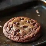 Chocolate chip cookie no chocolate chips - the image shows a freshly baked chocolate chip cookie on a black baking tray. the cookie is round and golden brown in color, with chocolate chips scattered throughout. the tray is lined with parchment paper and there are a few more cookies visible in the background. the overall mood of the image is warm and inviting.