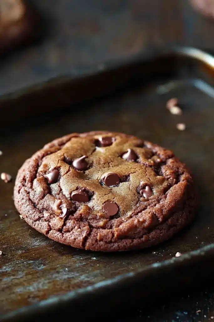 Chocolate chip cookie no chocolate chips - the image shows a freshly baked chocolate chip cookie on a black baking tray. the cookie is round and golden brown in color, with chocolate chips scattered throughout. the tray is lined with parchment paper and there are a few more cookies visible in the background. the overall mood of the image is warm and inviting.