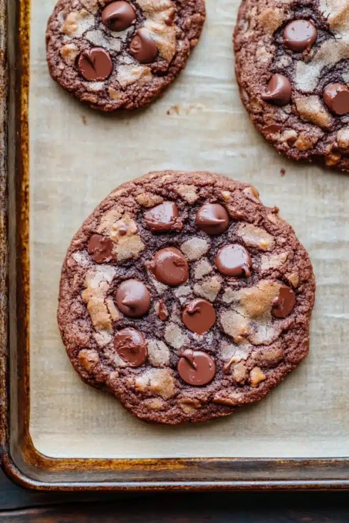 Chocolate chip cookie no chocolate chips - the image shows three freshly baked chocolate chip cookies on a baking tray. the cookies are round and golden brown in color, with chocolate chips scattered throughout. they are arranged in a triangular formation on the tray, with the largest cookie in the center and two smaller cookies on either side. the tray is lined with parchment paper, and the cookies appear to be freshly baked. the background is a wooden table.