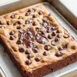 Chocolate chip cookie sheet cake - the image shows a rectangular baking tray with a freshly baked chocolate cake on it. the cake is golden brown in color and has a crumbly texture. it is covered in chocolate chips, which are scattered across the top of the cake. the chocolate chips are dark brown and appear to be freshly baked. the tray is lined with parchment paper and is placed on a wooden surface.