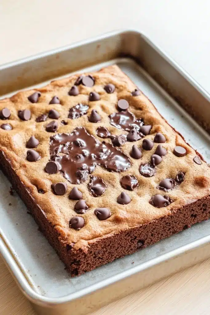 Chocolate chip cookie sheet cake - the image shows a rectangular baking tray with a freshly baked chocolate cake on it. the cake is golden brown in color and has a crumbly texture. it is covered in chocolate chips, which are scattered across the top of the cake. the chocolate chips are dark brown and appear to be freshly baked. the tray is lined with parchment paper and is placed on a wooden surface.