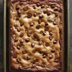 Chocolate chip cookie sheet cake - the image shows a rectangular baking tray with a freshly baked brownie on it. the brownie appears to be a type of chocolate chip cookie dough, with a golden brown color and a crumbly texture. the top of the brownie is covered in small chocolate chips, which are scattered across the surface. the tray is placed on a wooden table, and the background is blurred, making the tray the focal point of the image.