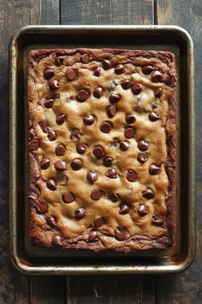 Chocolate chip cookie sheet cake - the image shows a rectangular baking tray with a freshly baked brownie on it. the brownie appears to be a type of chocolate chip cookie dough, with a golden brown color and a crumbly texture. the top of the brownie is covered in small chocolate chips, which are scattered across the surface. the tray is placed on a wooden table, and the background is blurred, making the tray the focal point of the image.