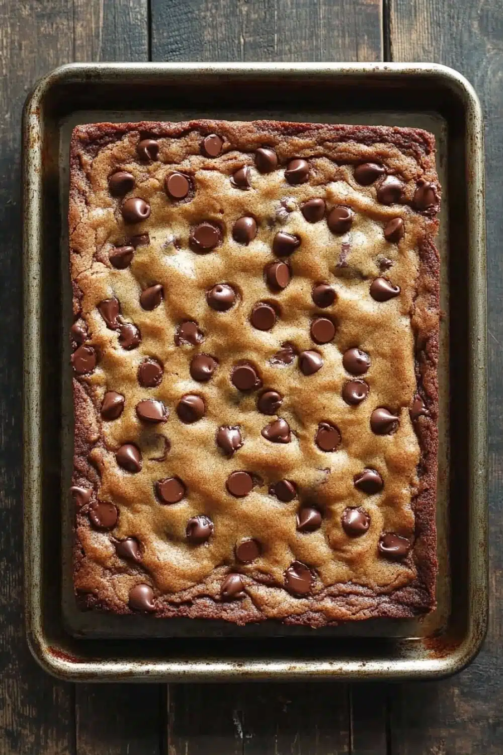 Chocolate chip cookie sheet cake - the image shows a rectangular baking tray with a freshly baked brownie on it. the brownie appears to be a type of chocolate chip cookie dough, with a golden brown color and a crumbly texture. the top of the brownie is covered in small chocolate chips, which are scattered across the surface. the tray is placed on a wooden table, and the background is blurred, making the tray the focal point of the image.