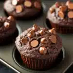Chocolate muffin vegan - the image shows a muffin tin filled with freshly baked chocolate cupcakes. the cupcakes are round and have a golden brown color. they are topped with small chocolate chips that are scattered across the top of each cupcake. the tin is lined with parchment paper and is placed on a dark blue surface. the background is blurred, but it appears to be a kitchen countertop.