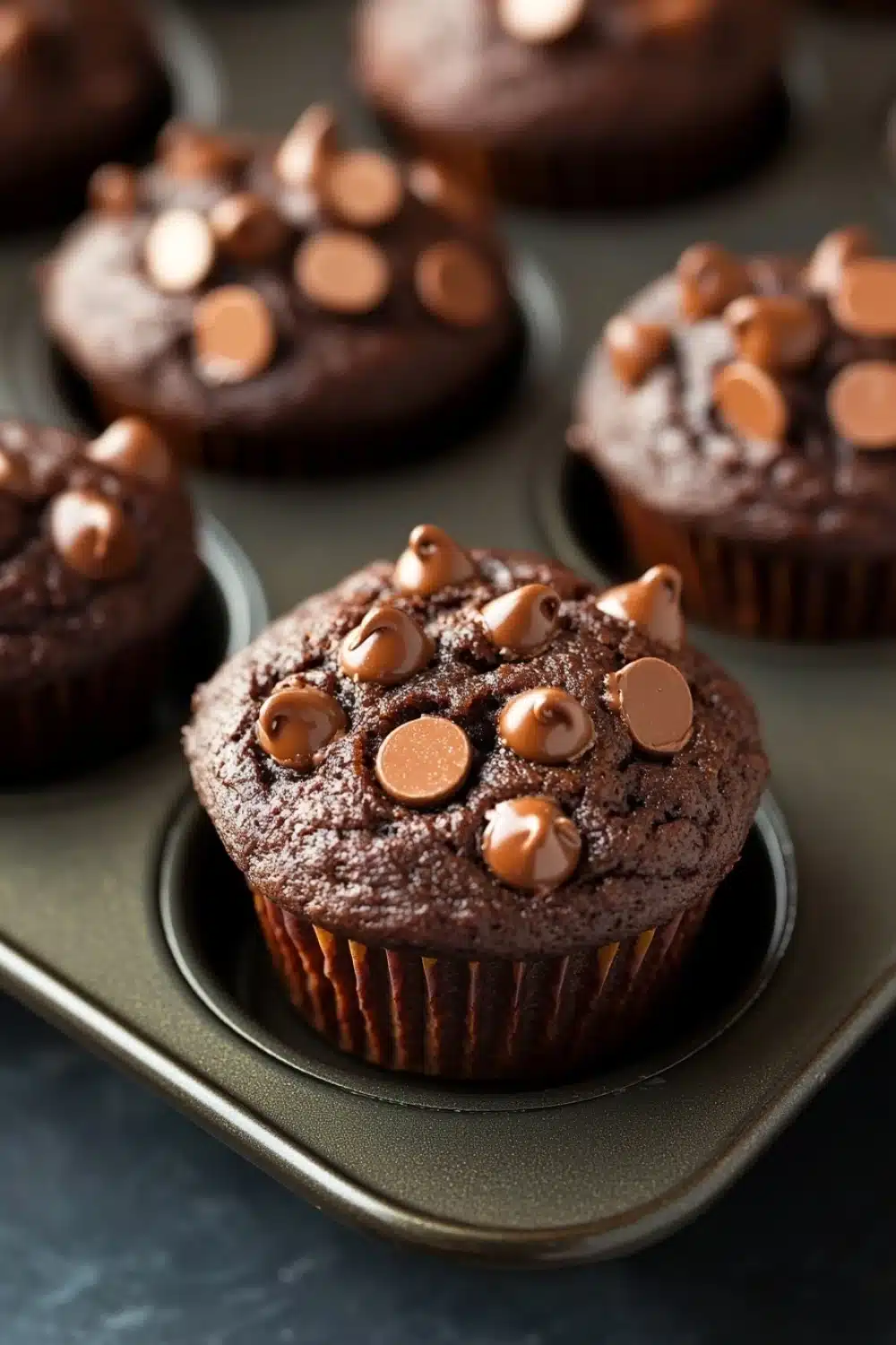 Chocolate muffin vegan - the image shows a muffin tin filled with freshly baked chocolate cupcakes. the cupcakes are round and have a golden brown color. they are topped with small chocolate chips that are scattered across the top of each cupcake. the tin is lined with parchment paper and is placed on a dark blue surface. the background is blurred, but it appears to be a kitchen countertop.