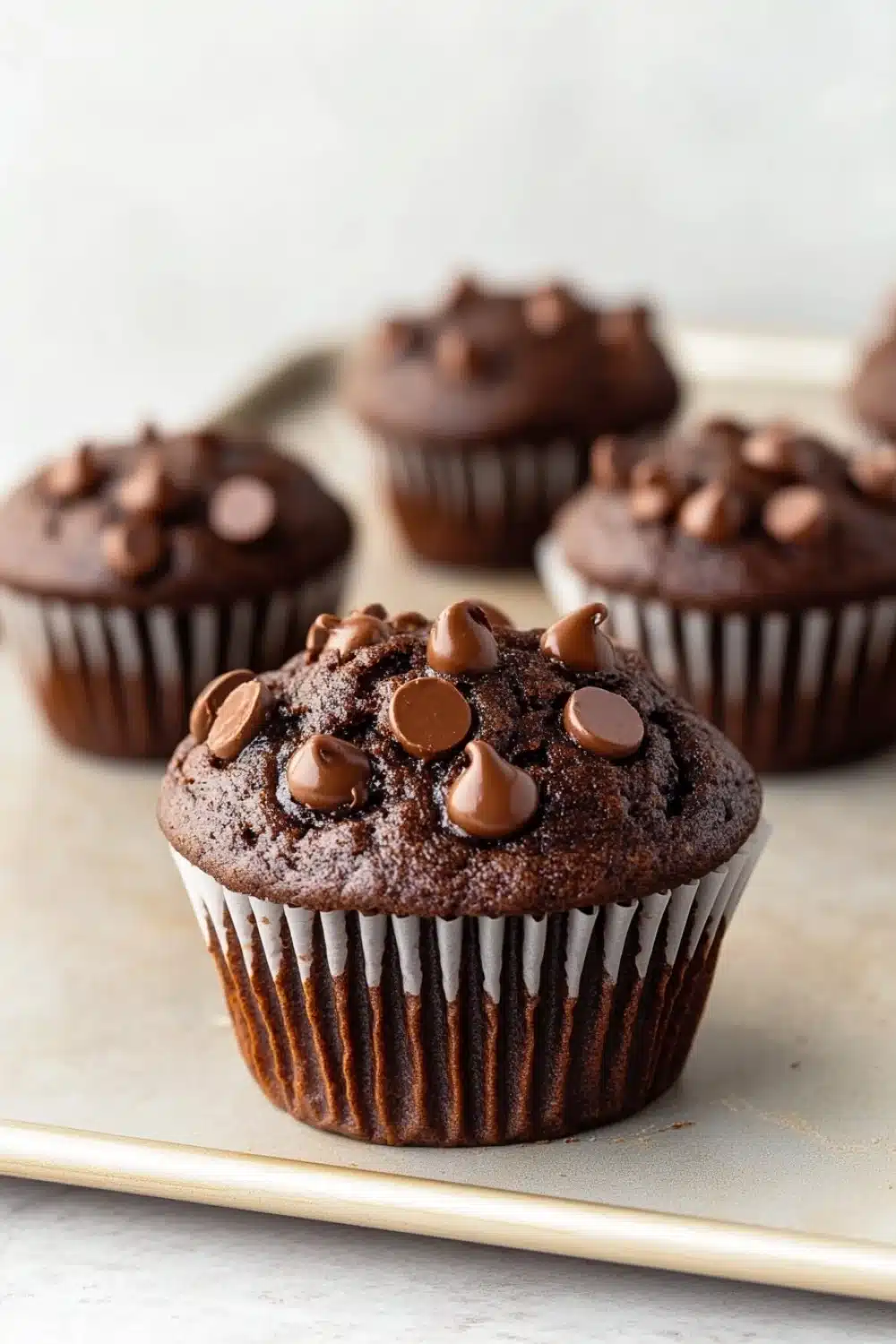 Chocolate muffin vegan - the image shows a group of freshly baked chocolate muffins on a white baking sheet. the muffins are round and have a golden brown color. they are topped with chocolate chips and drizzled with chocolate sauce. the tray is lined with parchment paper and there are a few more muffins scattered around the tray. the background is blurred, but it appears to be a kitchen countertop.