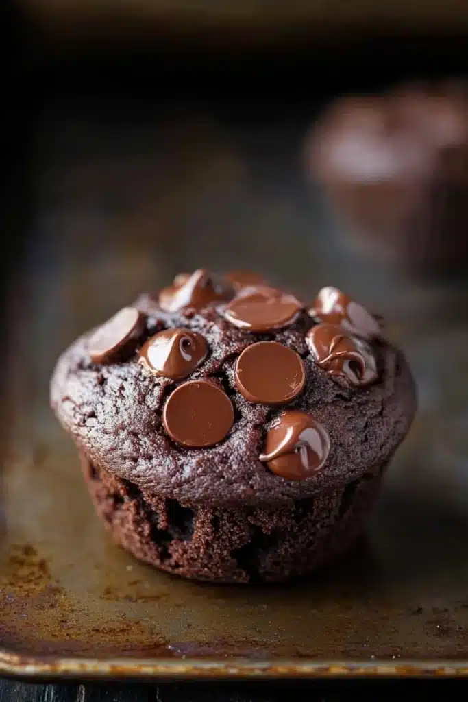 Chocolate muffin without eggs - the image is a close-up of a chocolate muffin on a baking tray. the muffin is round and has a golden brown color. it is topped with chocolate chips that are arranged in a circular pattern. the chocolate chips are evenly spaced and appear to be freshly baked. the tray is lined with parchment paper and there are a few more muffins visible in the background. the overall mood of the image is warm and inviting.