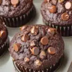 Chocolate muffin without eggs - the image shows a tray of freshly baked chocolate muffins. the muffins are round and have a golden brown color. they are topped with chocolate chips and peanut butter cups. the tray is lined with parchment paper and is placed on a wooden surface. the background is blurred, but it appears to be a kitchen countertop.