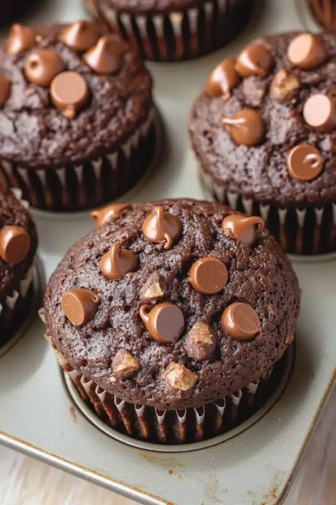 Chocolate muffin without eggs - the image shows a tray of freshly baked chocolate muffins. the muffins are round and have a golden brown color. they are topped with chocolate chips and peanut butter cups. the tray is lined with parchment paper and is placed on a wooden surface. the background is blurred, but it appears to be a kitchen countertop.