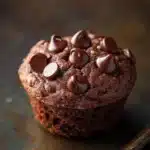 Chocolate quinoa muffin - the image is a close-up of a chocolate muffin on a metal tray. the muffin is round and has a golden brown color. it is topped with small chocolate chips scattered across its surface. the chocolate chips are of different sizes and shapes, and they are arranged in a circular pattern. the tray appears to be old and weathered, with a rustic texture. the background is blurred, making the muffin the focal point of the image.