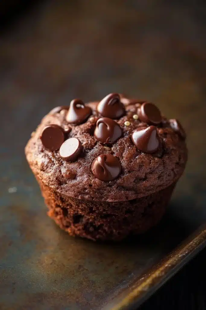 Chocolate quinoa muffin - the image is a close-up of a chocolate muffin on a metal tray. the muffin is round and has a golden brown color. it is topped with small chocolate chips scattered across its surface. the chocolate chips are of different sizes and shapes, and they are arranged in a circular pattern. the tray appears to be old and weathered, with a rustic texture. the background is blurred, making the muffin the focal point of the image.