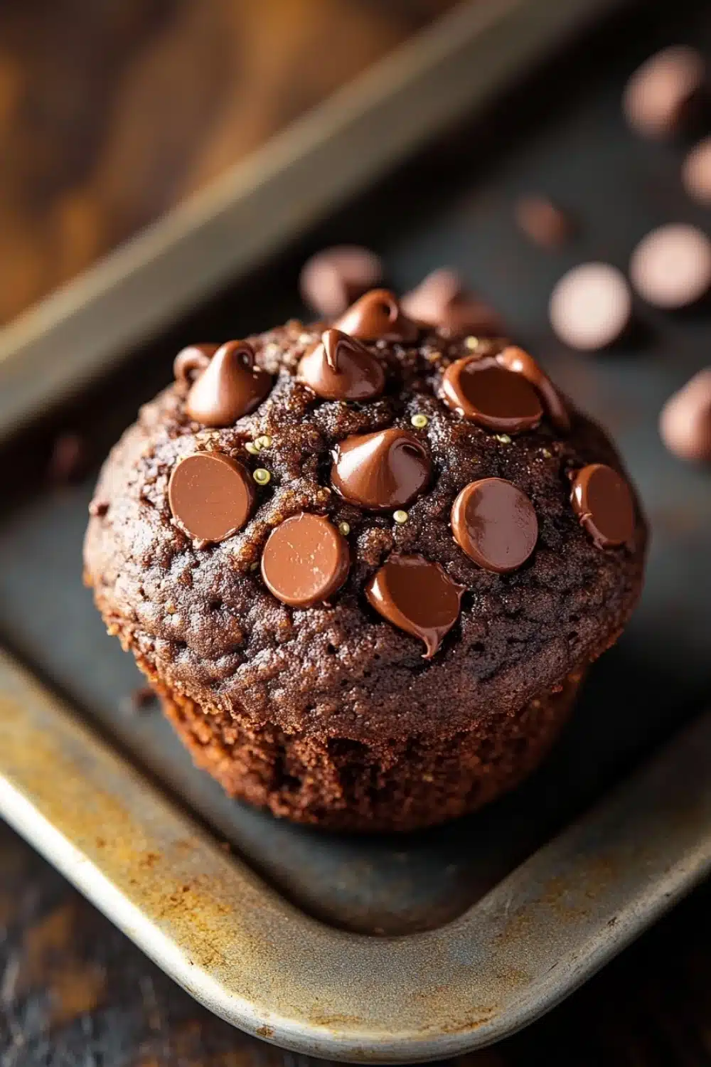 Chocolate quinoa muffin - the image shows a chocolate muffin on a baking tray. the muffin is round and has a golden brown color. it is covered in chocolate shavings, which are scattered across the top of the muffin. there are also small pieces of chocolate scattered around the tray, some of which are also covered in the same chocolate. the tray is sitting on a wooden surface, and there are a few more chocolate chips visible in the background.