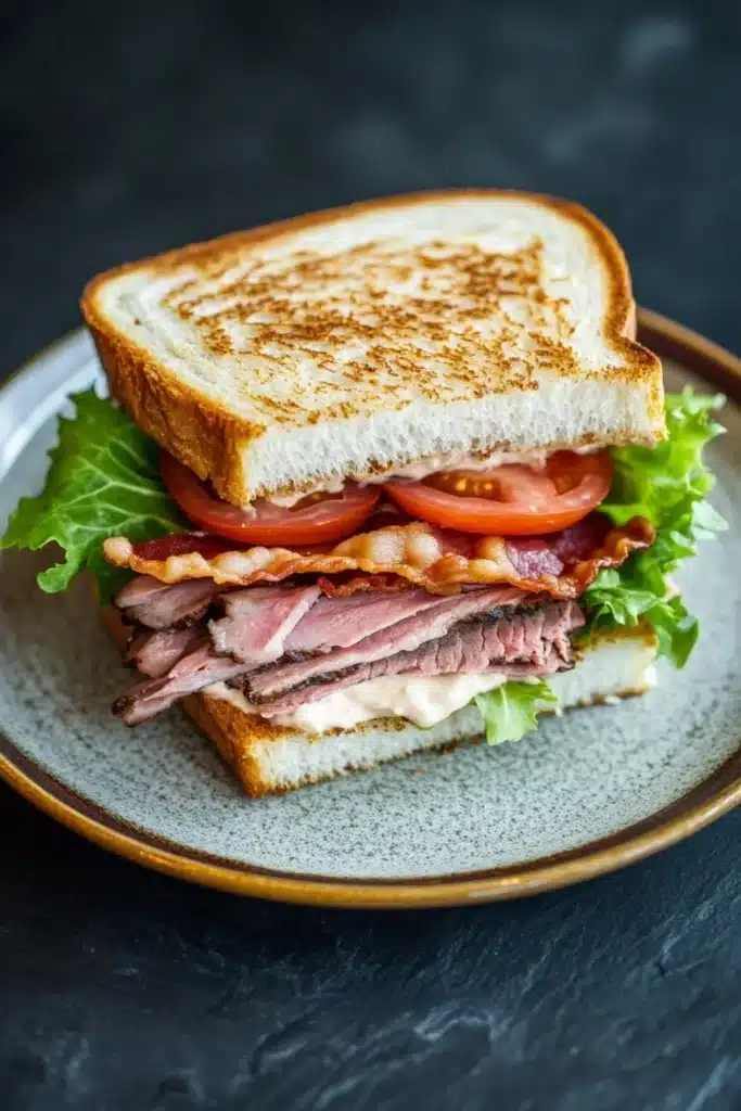 Club sandwich beef - the image is a close-up of a sandwich on a plate. the sandwich is made with two slices of toasted bread, filled with sliced ham, bacon, and lettuce. the ham is pink and appears to be seasoned with herbs and spices. the bacon is crispy and golden brown, and the lettuce is a vibrant green color. the plate is a light blue color with a speckled pattern. the background is dark, making the sandwich stand out.