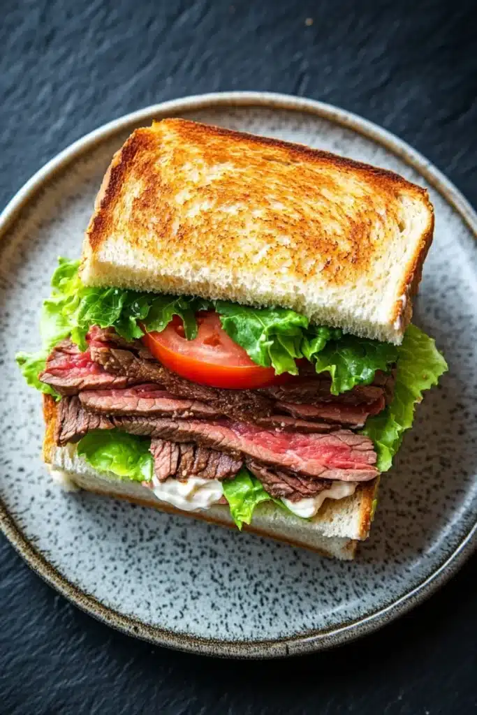 Club sandwich beef - the image shows a sandwich on a plate. the sandwich is made with two slices of toasted bread, filled with sliced beef, lettuce, and a tomato. the beef appears to be cooked medium-rare, with a pinkish-red color and a slightly charred texture. the lettuce is a bright green color, and the tomato is a deep red. the plate is a light blue color with a speckled pattern. the background is dark, making the sandwich stand out.